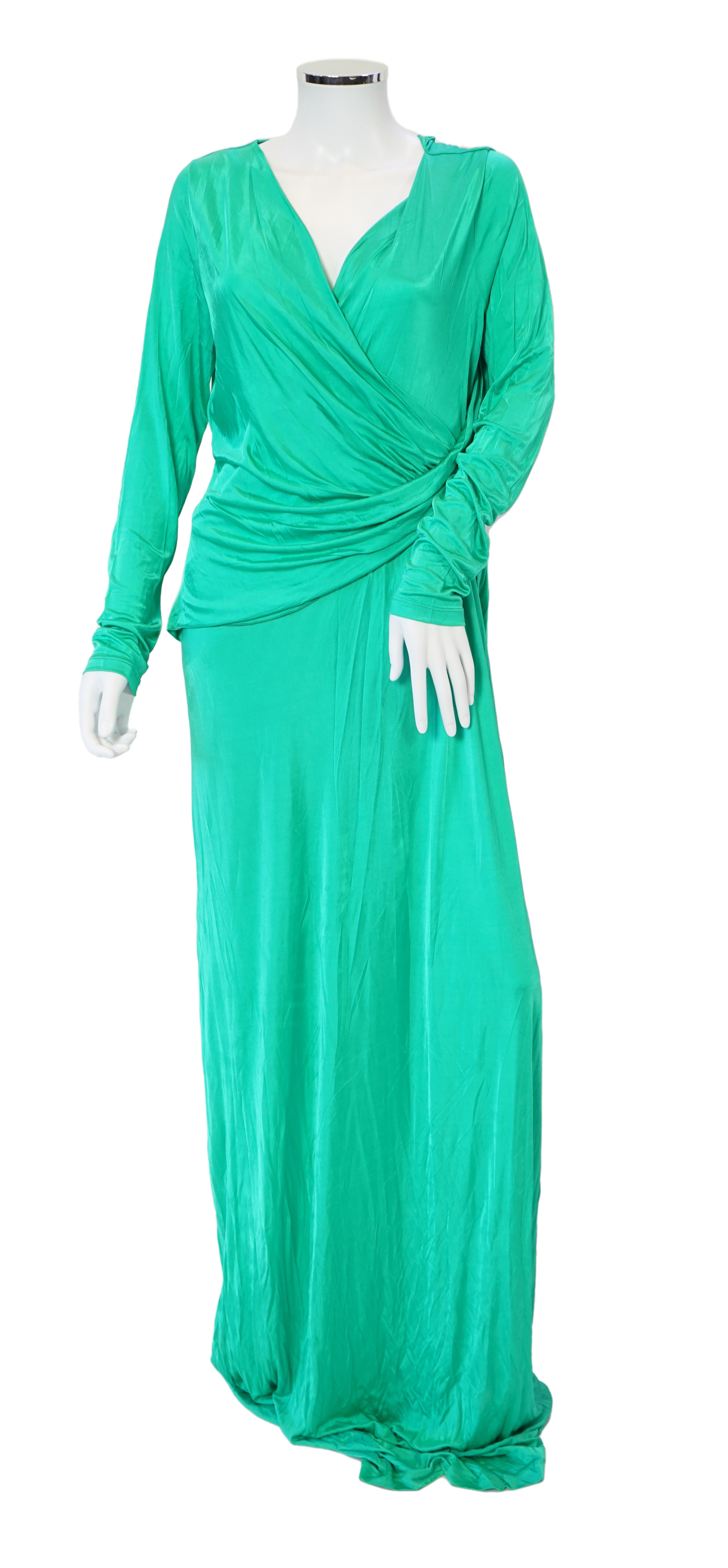 A Versace Collection green long dress and gold and yellow biker style jacket, dress size 52 and jacket size Medium